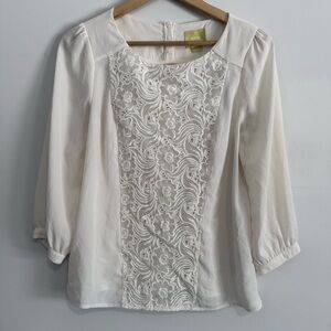 Maeve by Anthropology Cream Lace Panel Blouse